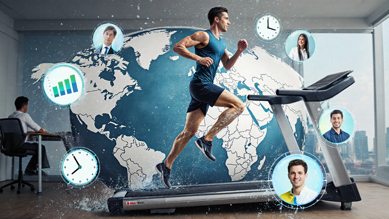 Runner on an endless treadmill through a globe-shaped classroom, symbols of global business swirling around them.
