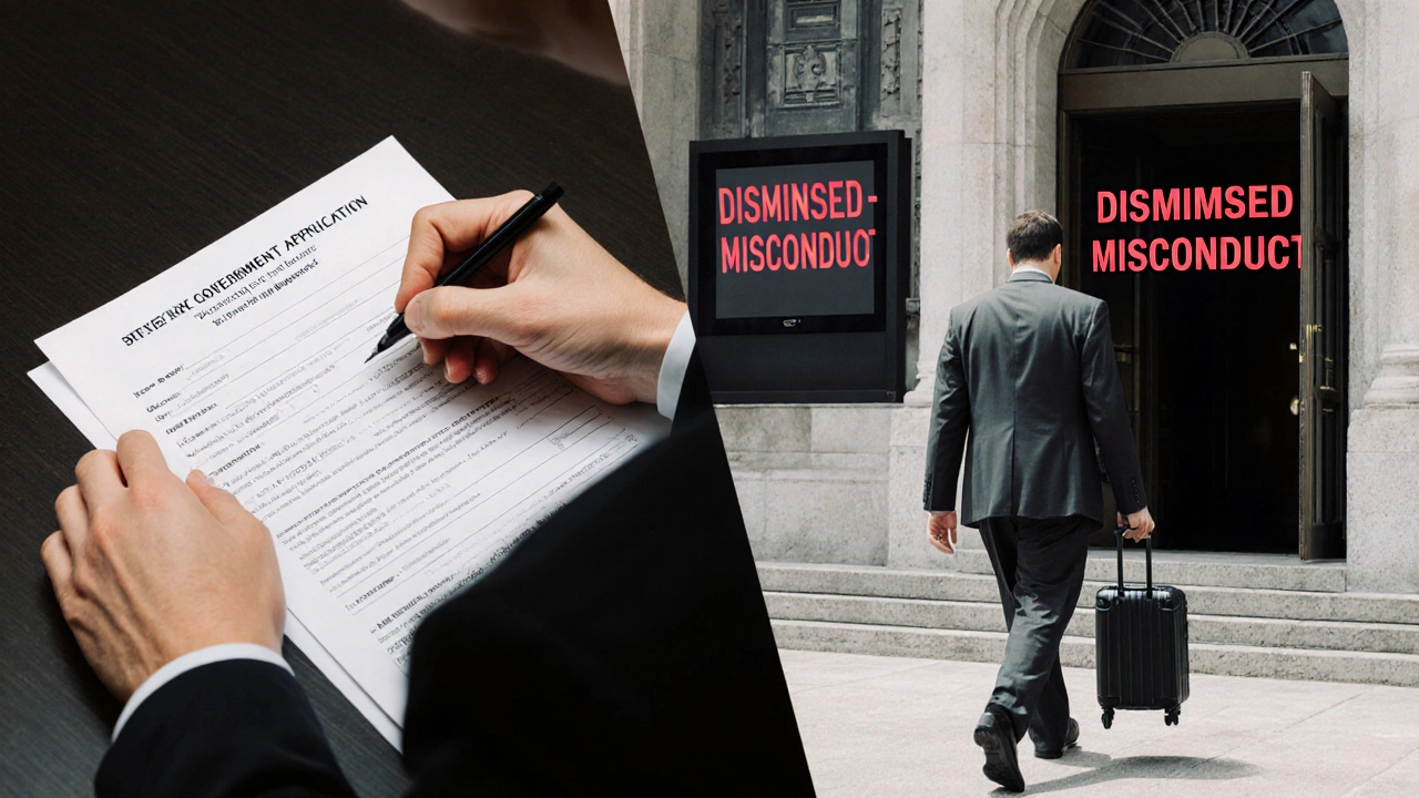 Split image: job applicant on left, dismissed worker leaving building on right.