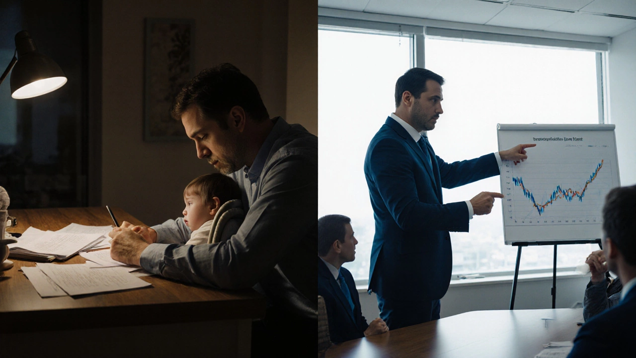 Split scene: a father studying at home at night and later presenting confidently in a boardroom.