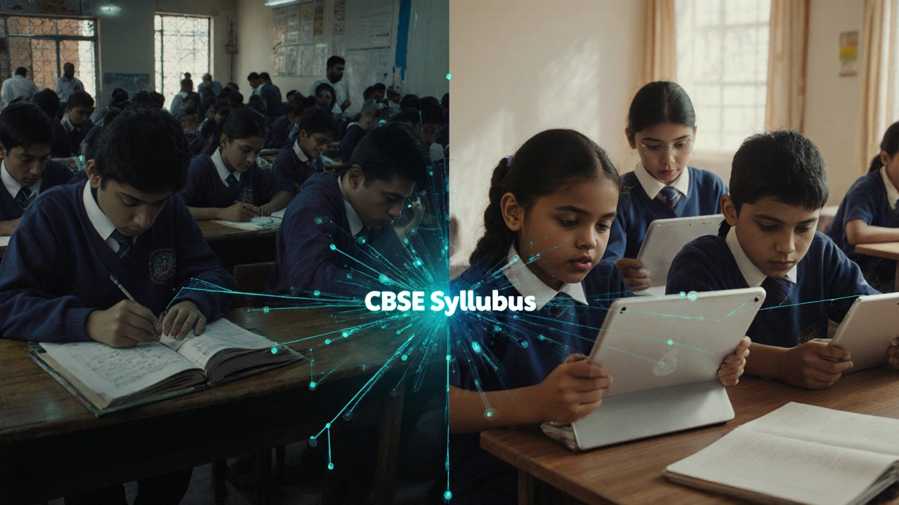 Split scene: students in India preparing for JEE and expat children in Dubai learning AI, both using CBSE curriculum.