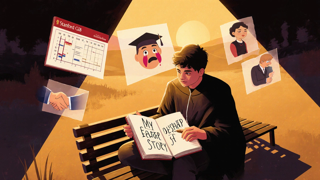 Stanford MBA student on a bench at sunset, journal open, floating images of leadership and emotion around them.