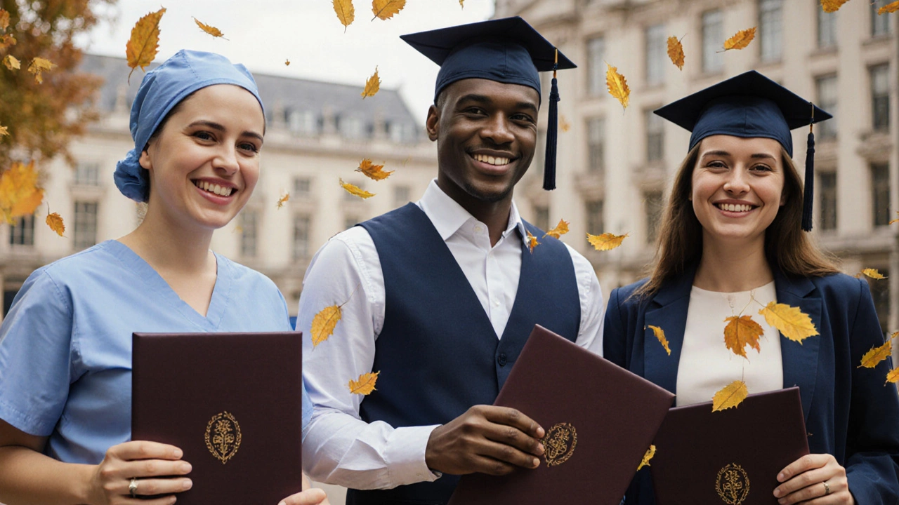 Three mid-career professionals celebrating graduation with MBA diplomas, autumn leaves swirling around them.