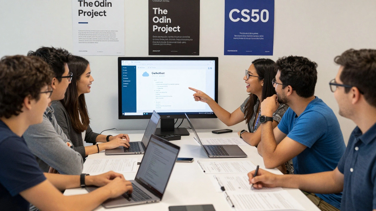 A group of coders at a meetup examining a GitHub weather app on a shared screen.