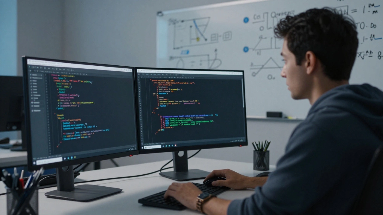 An advanced developer working with React and TypeScript on dual monitors in a co-working space.
