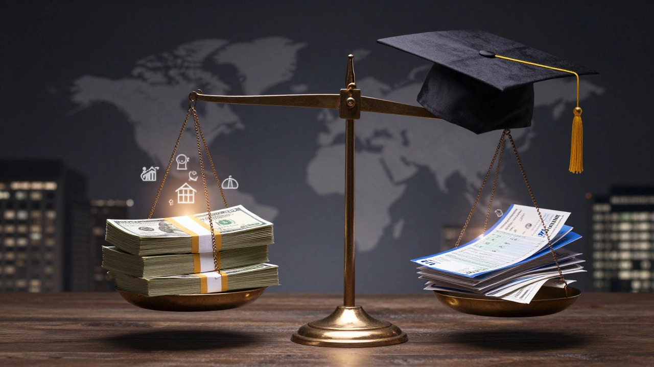 Balance scale with graduation cap versus pile of financial costs under dramatic lighting.