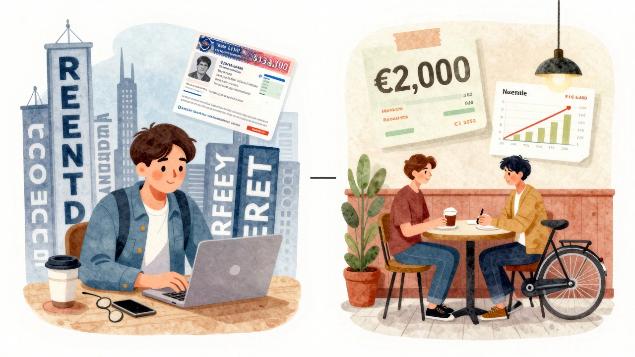 Contrasting scenes of student life in London and Berlin with cost symbols floating above.