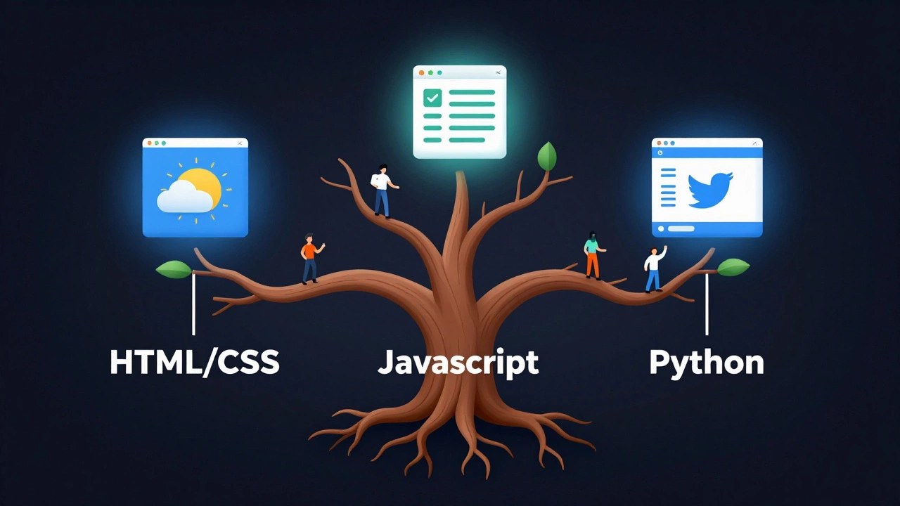 Digital tree with coding languages as roots growing into project icons representing hands-on learning.