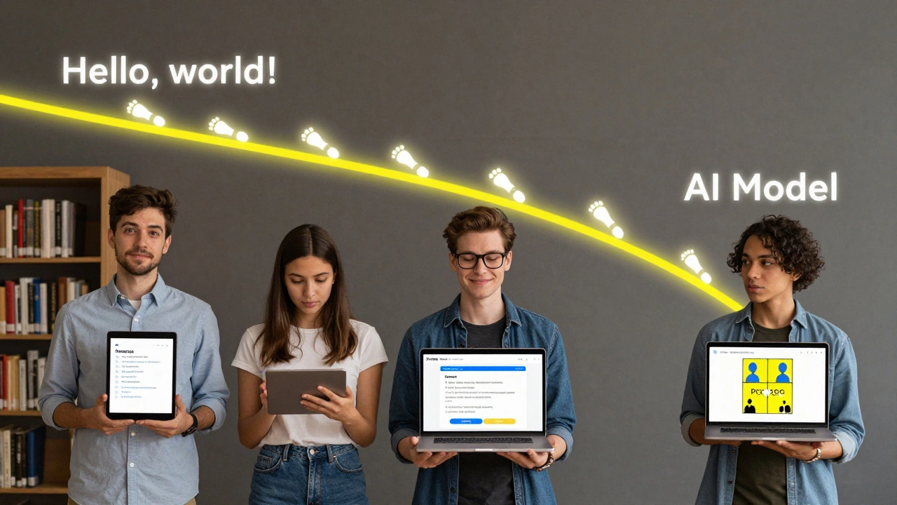Diverse people using Python to automate tasks, with a glowing path showing their learning journey.