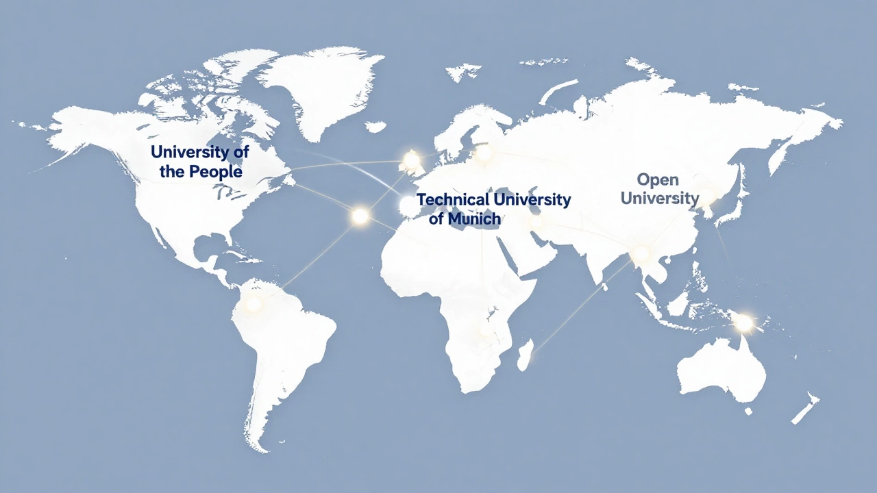 Global map showing three key institutions offering free online degrees with connecting learning paths.