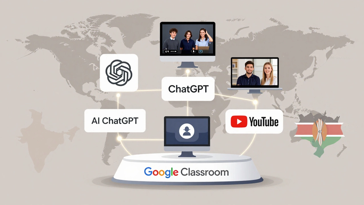 Google Classroom as central hub connected to AI tools and video platforms, surrounded by global school silhouettes.