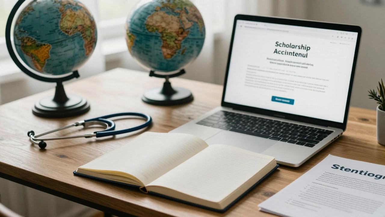 Notebook with scholarship letter, stethoscope, and startup pitch deck on a desk under soft morning light.