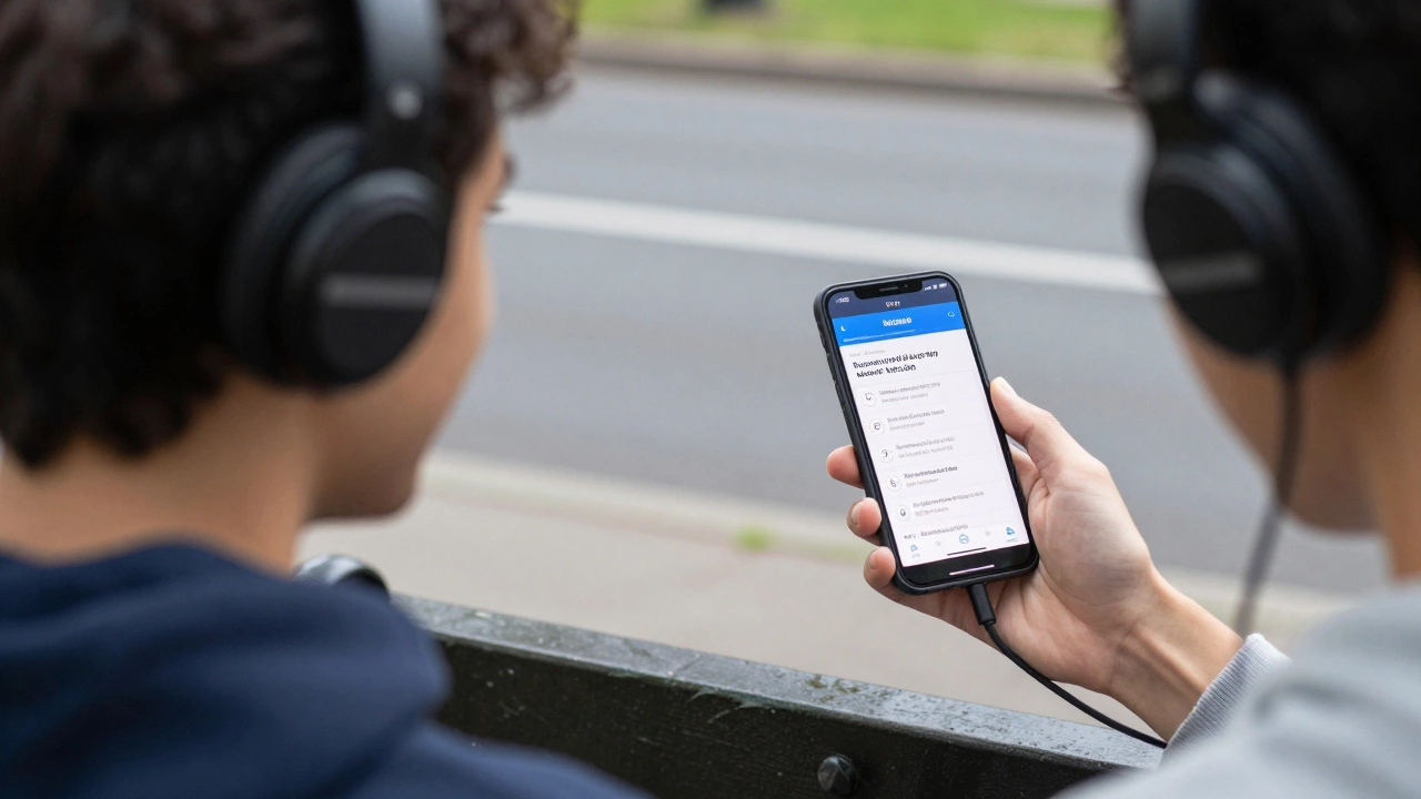 Person recording themselves speaking English on a park bench.
