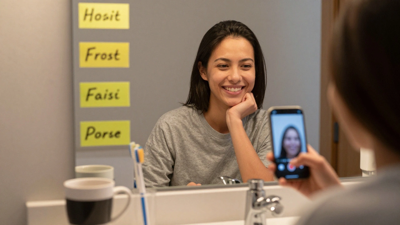 Person video chatting with a language partner, English labels on household items.