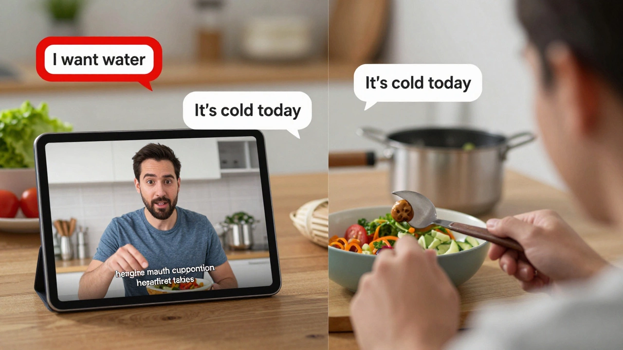 Person watching English learning video while cooking, with phrases floating nearby.