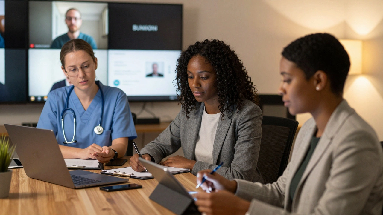 Professionals worldwide engage with remote university courses using laptops and tablets.