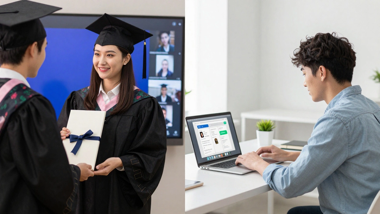Split image of a graduate receiving a diploma and the same person working remotely with a portfolio.