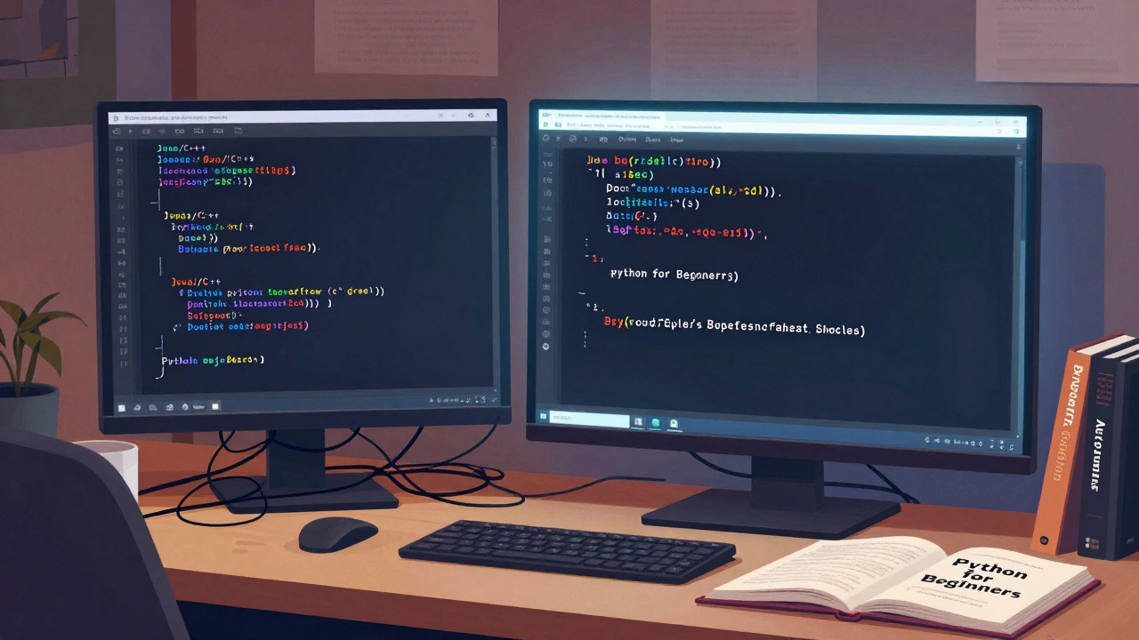 Split screen: messy Java code vs clean Python code, symbolizing simplicity in programming.