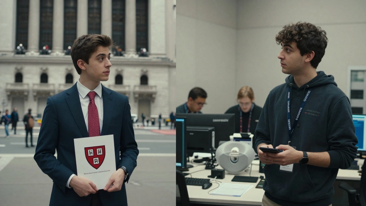 Split-screen of two MBA students: one outside a Wall Street building, another presenting at a Silicon Valley startup.