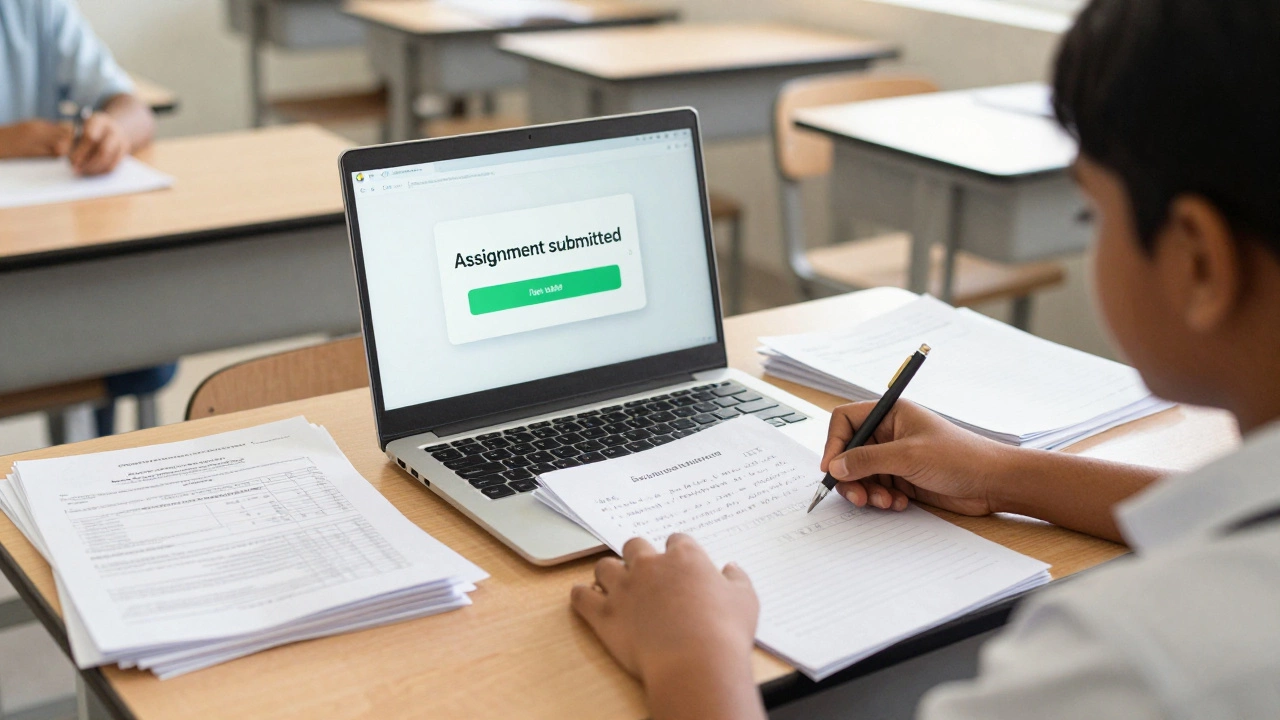 Student handing a paper assignment to a teacher beside a laptop showing Google Classroom.