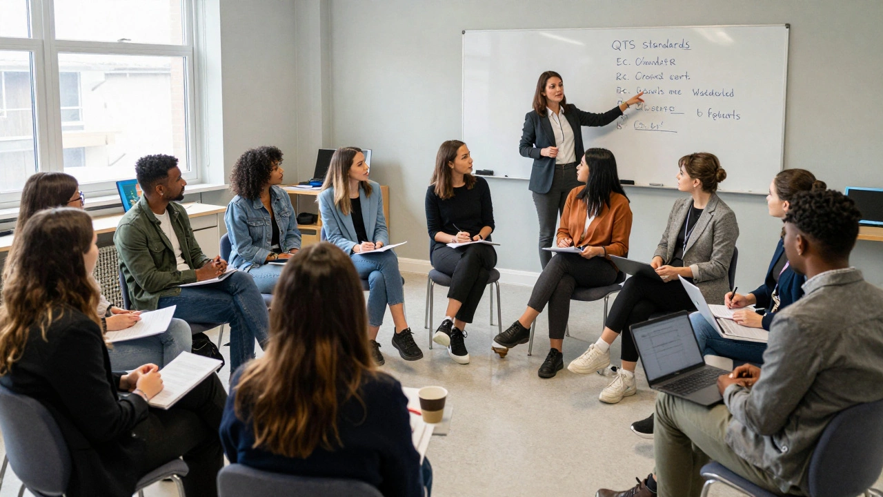 Trainee teachers in a weekly training session with mentor and lesson materials