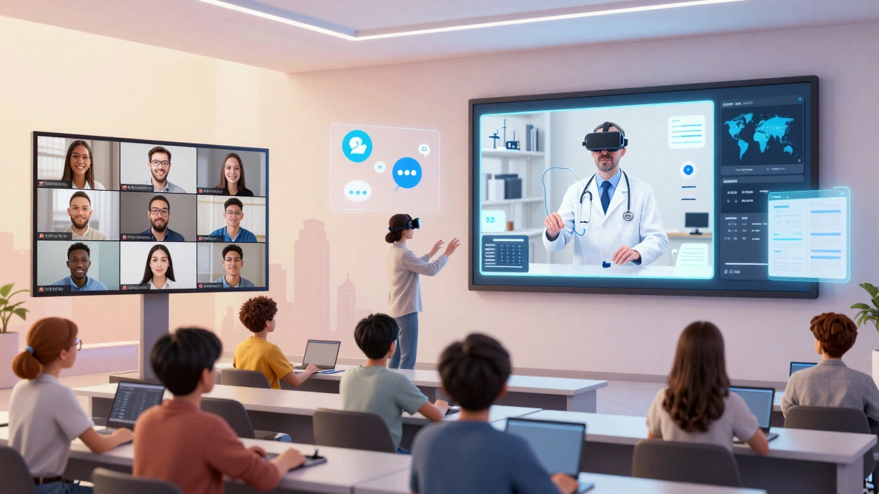 Virtual students interact with a holographic professor using VR simulations in a digital classroom.