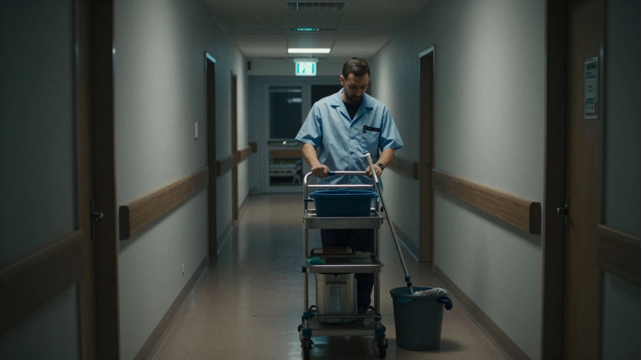 A hospital cleaner pushing a cart down a quiet, dimly lit corridor at night.