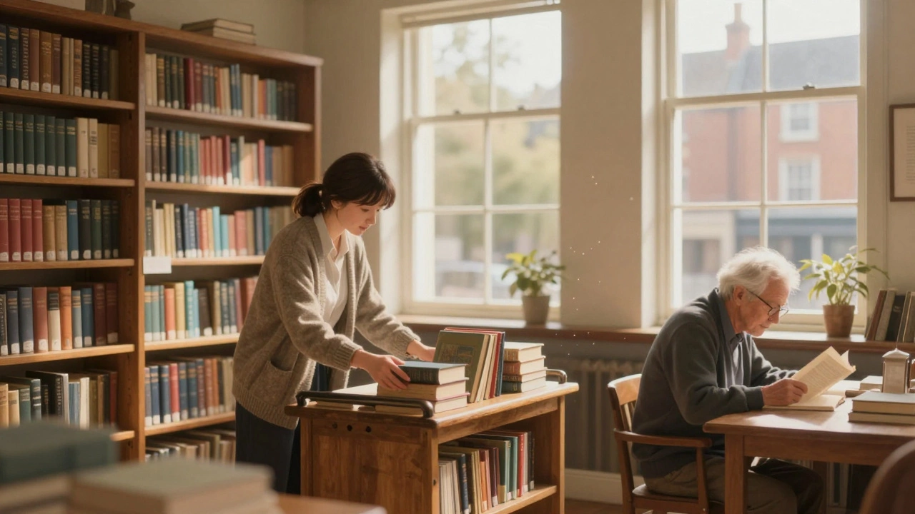 A library assistant placing a book on a cart in a sunlit, peaceful public library.