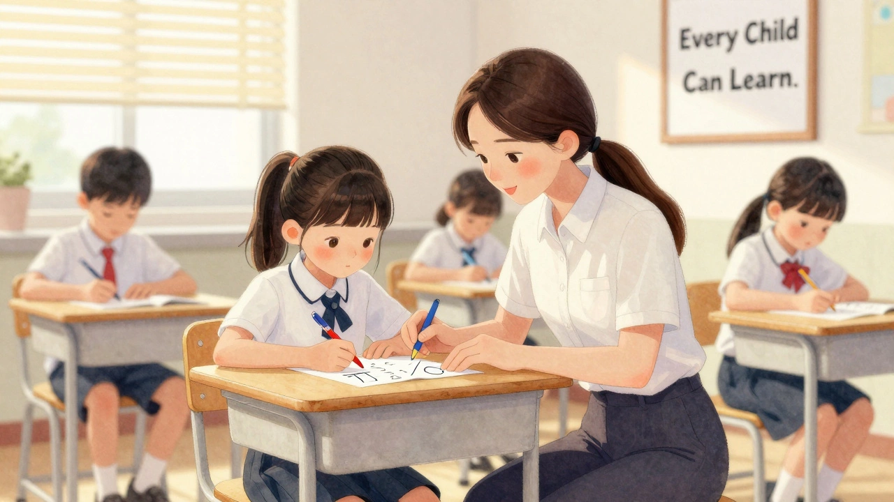 A trainee teacher helping a student with math, showing a supportive, one-on-one learning moment.