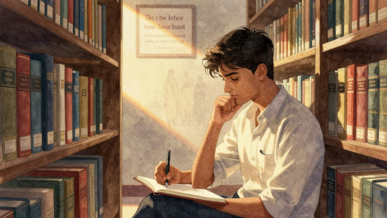 An UPSC aspirant writes thoughtfully in a library at sunset, surrounded by books on history and policy.