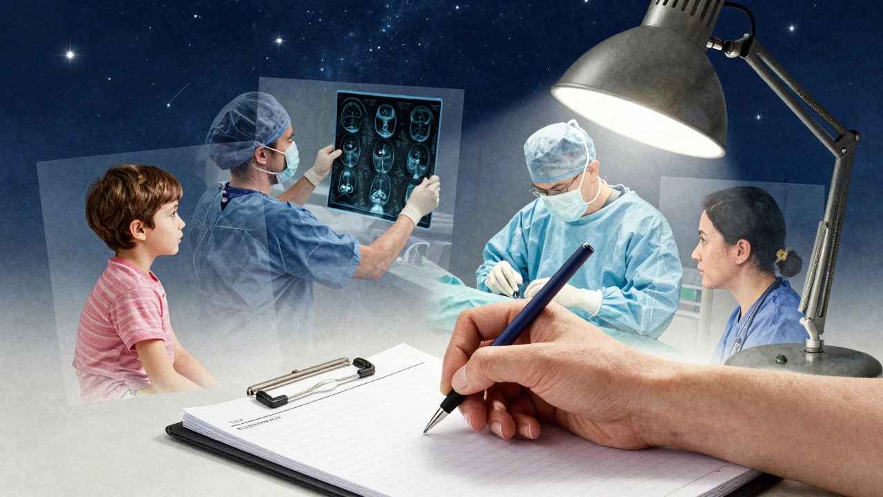 Hand writing in journal with translucent scenes of various medical specialties floating above.
