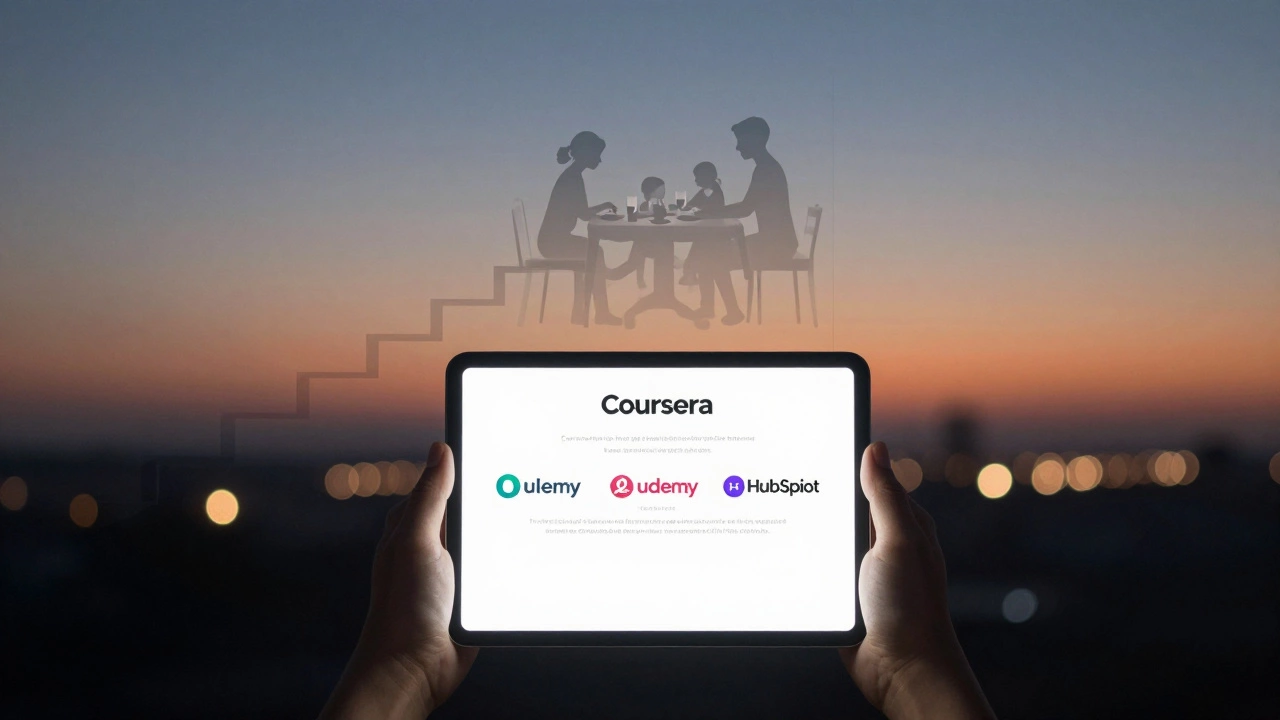 Hands holding a tablet with online course certificates, overlaid with career and life milestones.