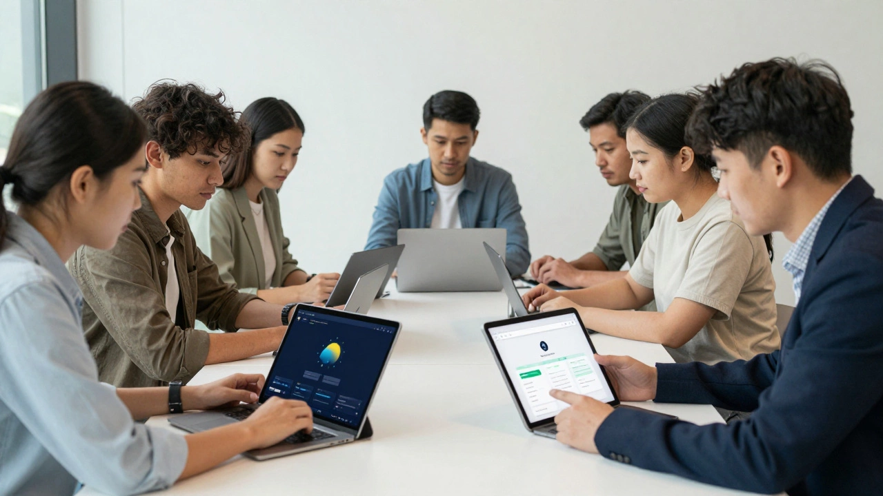 Recruiters reviewing project portfolios on tablets in a modern office environment.