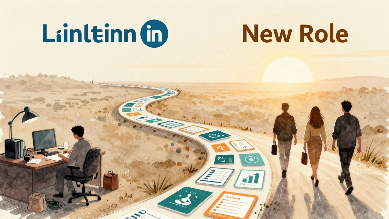 Symbolic path of digital learning icons leading to a bright horizon representing career growth.