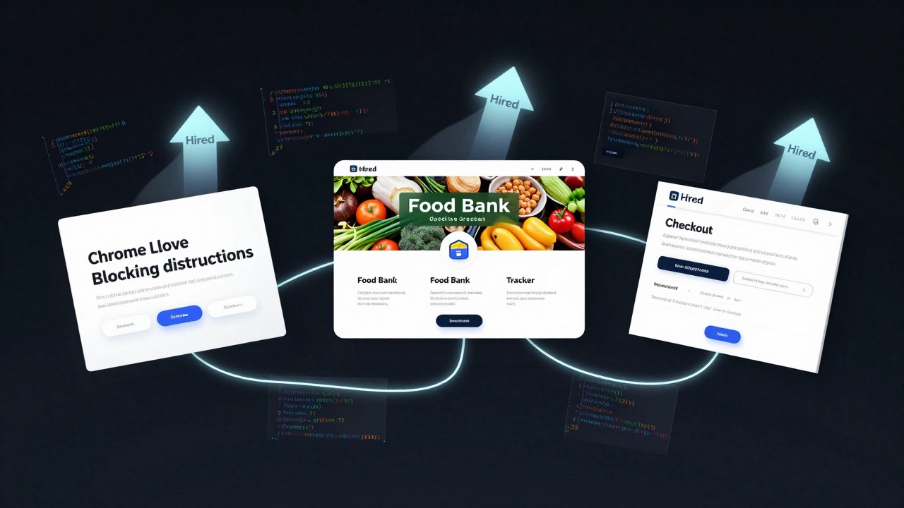 Three coding projects floating with code snippets, symbolizing self-taught success.