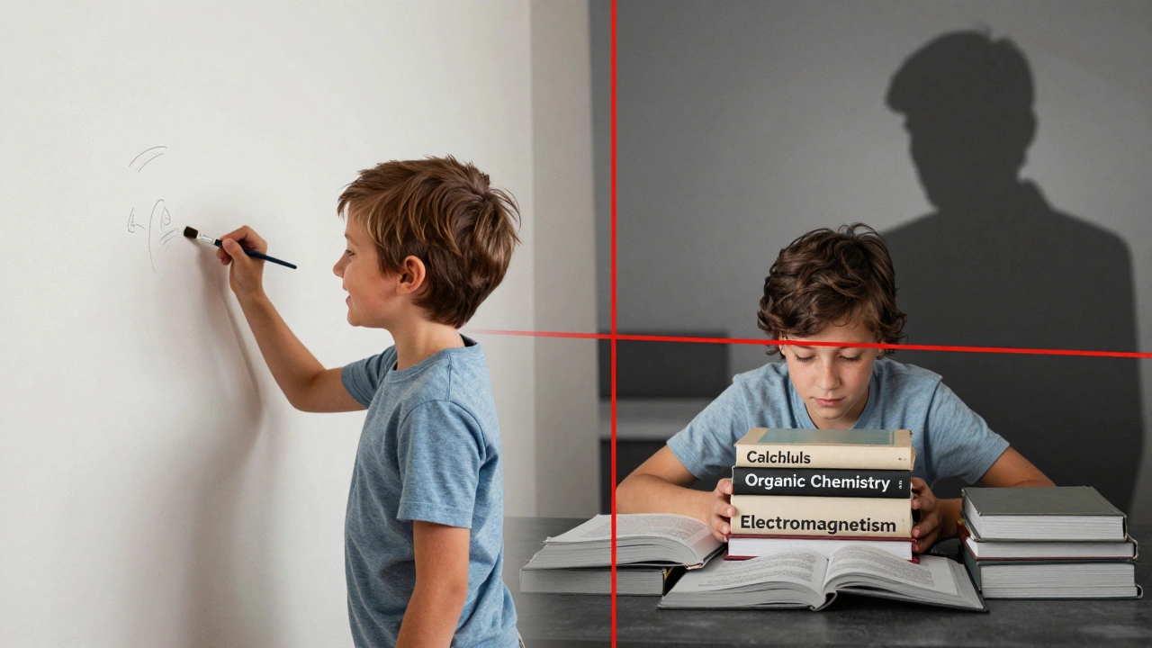 A child's playful drawing contrasted with the same person overwhelmed by academic textbooks.