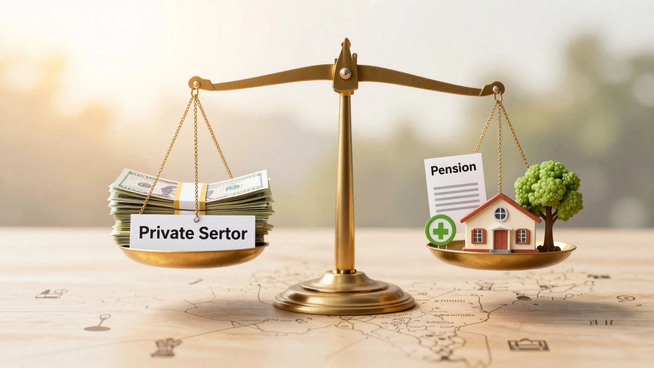 A symbolic balance scale weighing money against public service benefits like healthcare, education, and pension security in India.