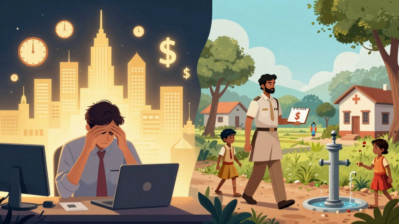 An artistic comparison between a stressed private sector worker and a calm public servant making societal impact in rural India.