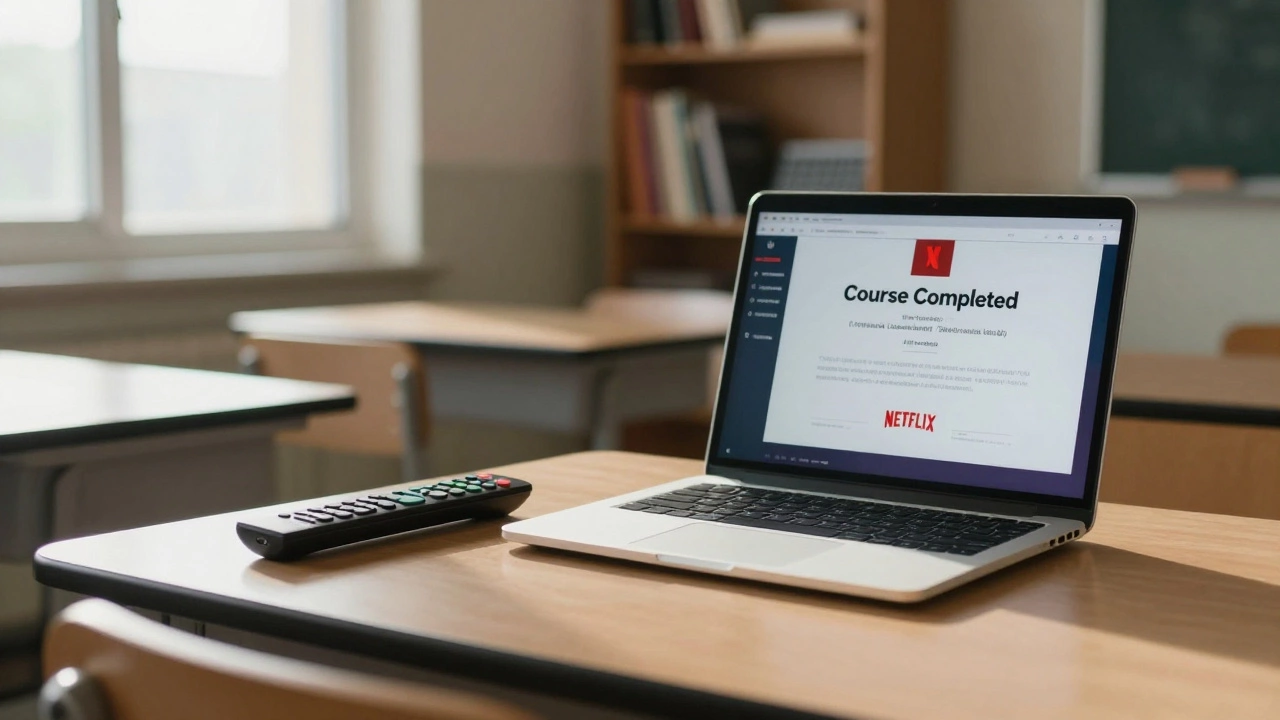 An empty classroom with a Netflix remote beside a certificate, symbolizing passive versus structured learning.