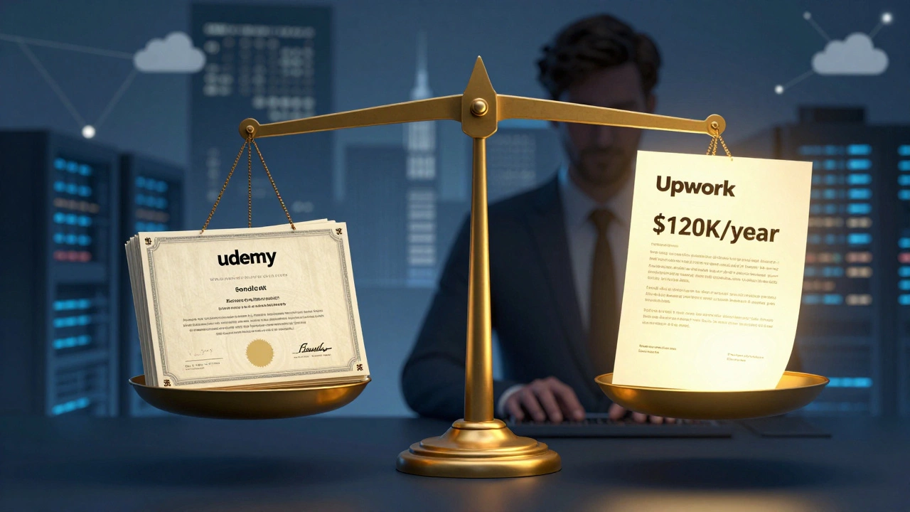 Balance scale comparing low-earning course certificates to a high-income Upwork contract.