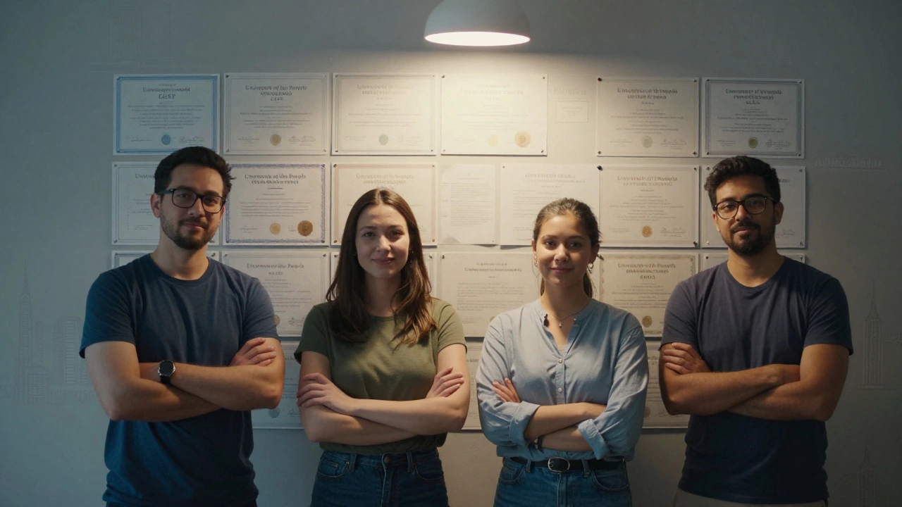 Four people standing proudly before a wall of CLEP and DSST certificates under a spotlight, global cities faintly visible behind.