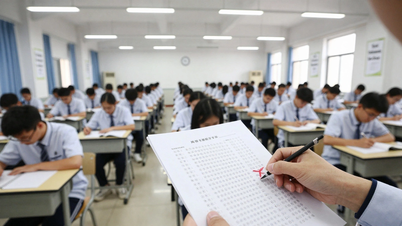 Hundreds of students taking a high-stakes exam in a silent, fluorescent-lit hall.