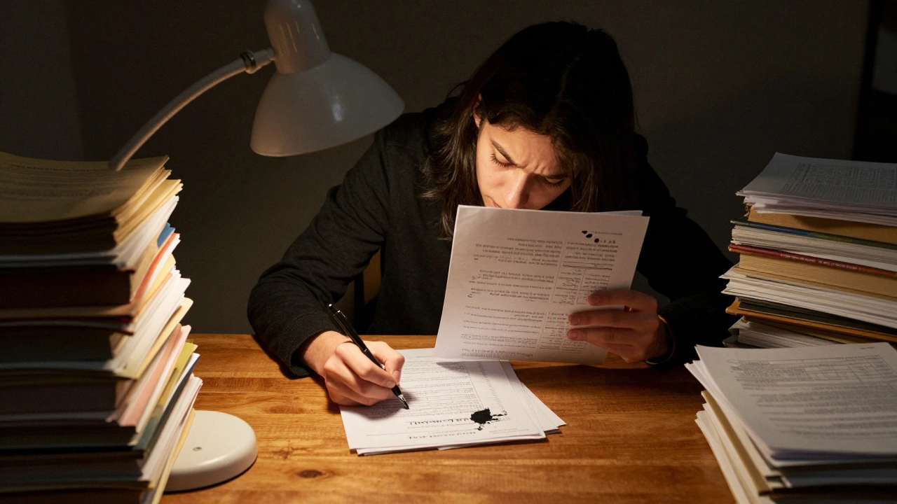 Law student writing a legal brief under time pressure during a bar exam performance test.