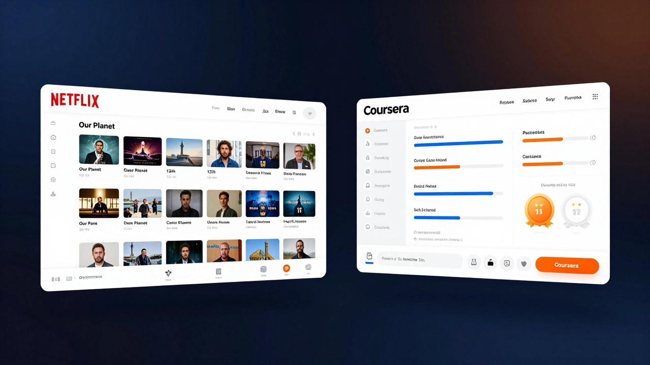 Side-by-side comparison of Netflix's entertainment interface and Coursera's learning dashboard.