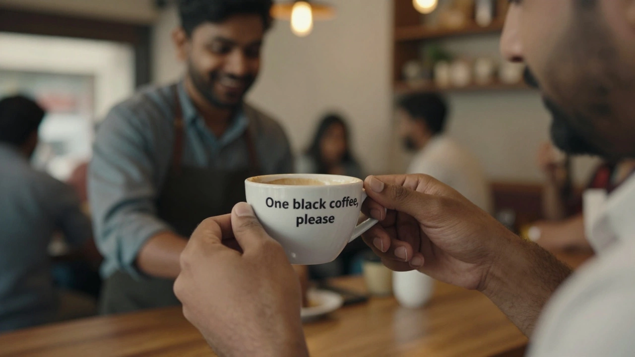 Someone ordering coffee in English at a busy café, smiling as the barista serves them.
