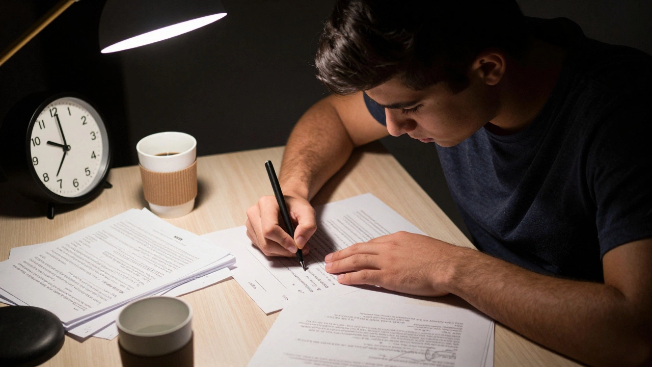 Student intensely studying NEET papers late at night with coffee