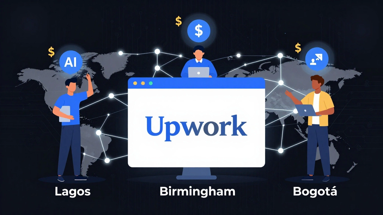 Three remote professionals from different countries connected to Upwork platform with high-income icons.