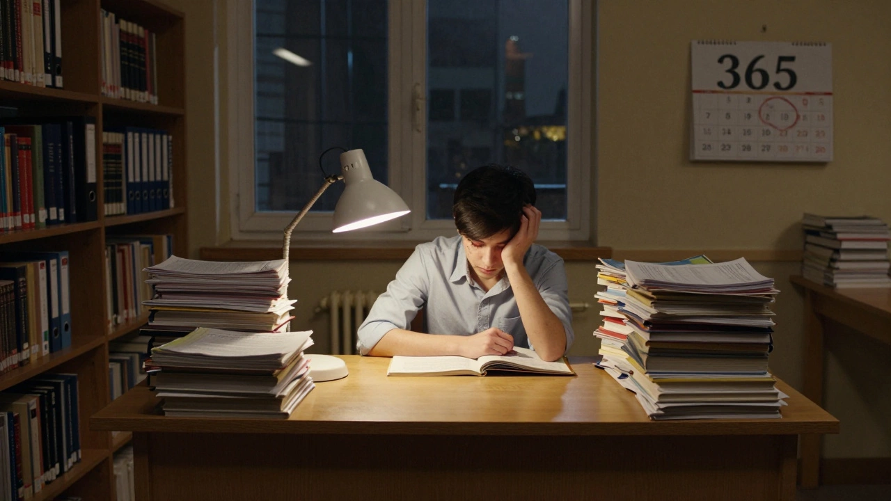 A solitary CA aspirant surrounded by legal books in a silent library at midnight, illuminated by a desk lamp.