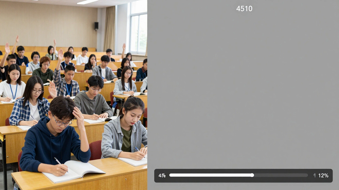 Contrast between a lively traditional classroom and a stalled online course interface.