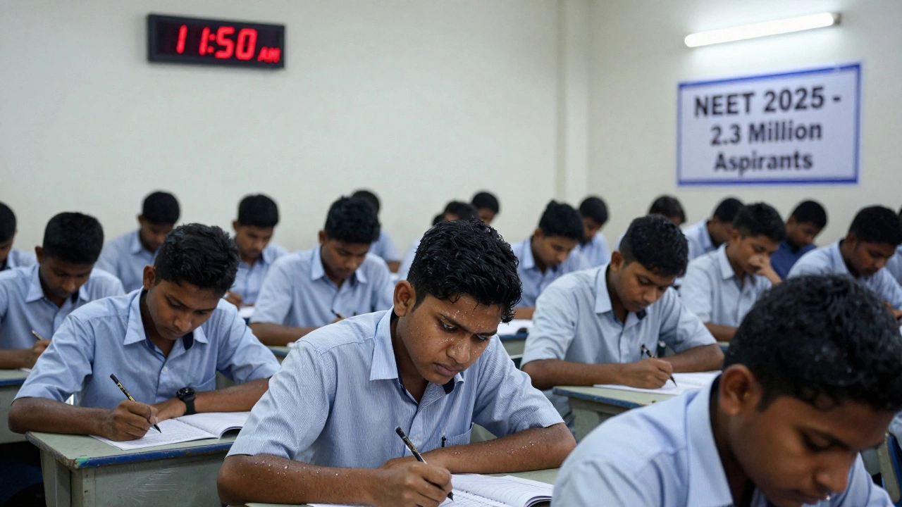 Hundreds of students taking the NEET exam under harsh fluorescent lights, focused and exhausted.
