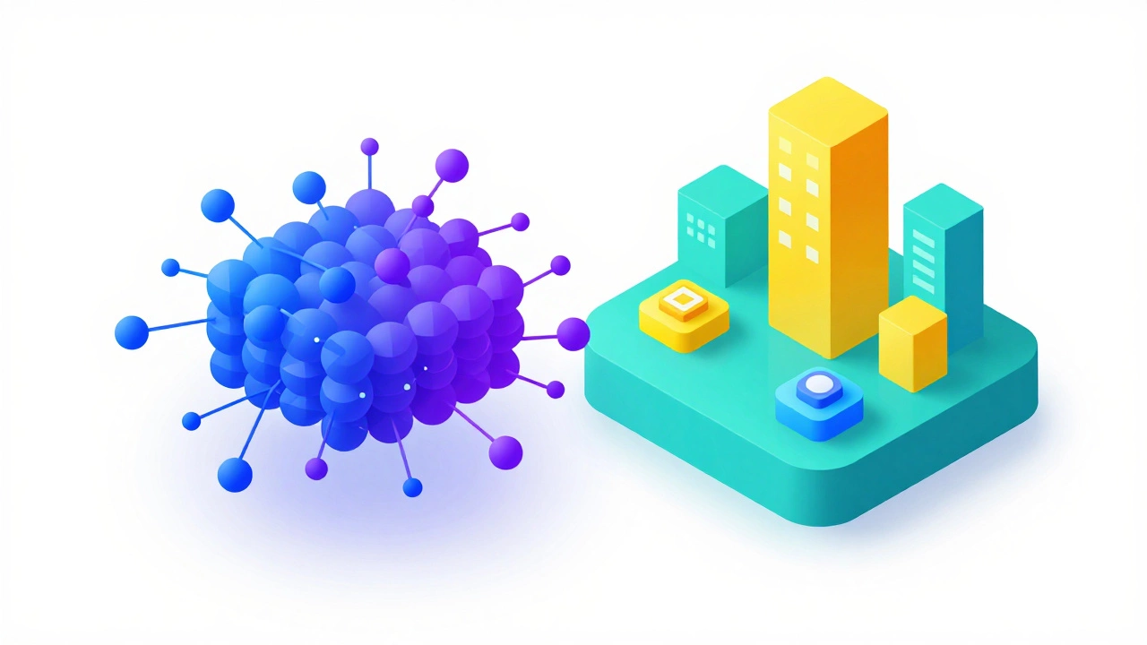 Isometric art of data nodes merging with web structure blocks